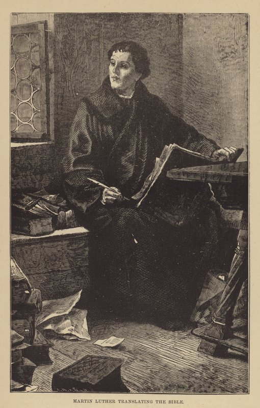 Martin Luther översätter Bibeln (gravyr) av English School