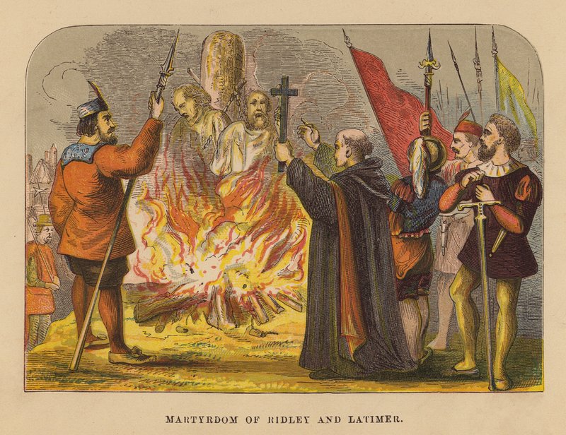 Ridleys och Latimers martyrium (gravyr i färg) av English School