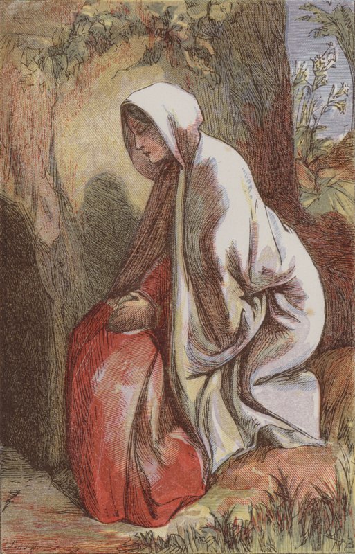 Maria Magdalena i trädgården (färgad gravyr) av English School