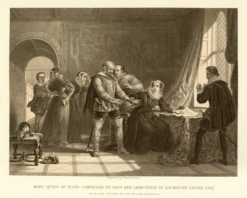 Mary Queen of Scots tvingades underteckna sin abdikation i slottet Lochleven av English School