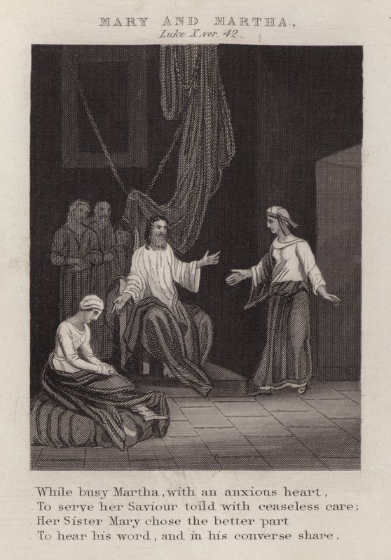 Mary och Martha, Luke X, ver 42 (gravyr) av English School