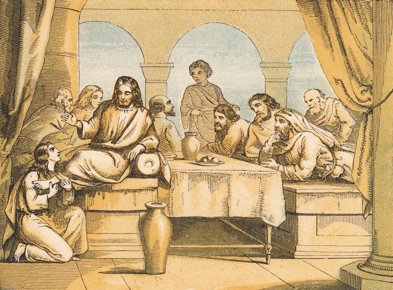 Maria smörjer Jesu fötter (färgad gravyr) av English School