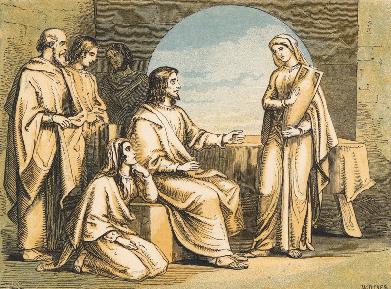 Maria vid Jesu fötter (färgad gravyr) av English School