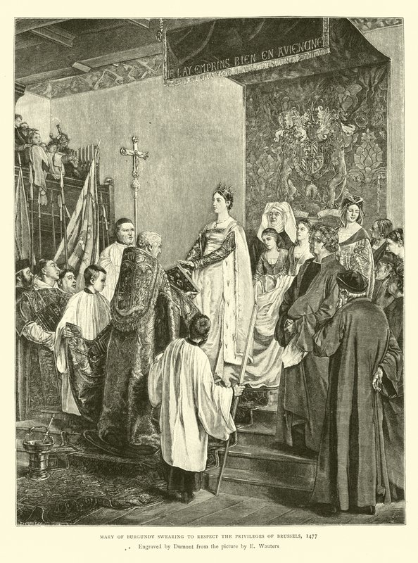 Maria av Bourgogne svär att respektera Bryssels privilegier, 1477 av English School