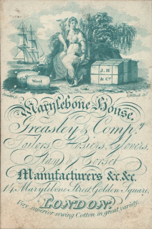 Marylebone House, Greasley & Co, skräddare, strumpor, handskar, stag och korsetttillverkare, 14 Marylebone Street, Golden Square, handelskort av English School