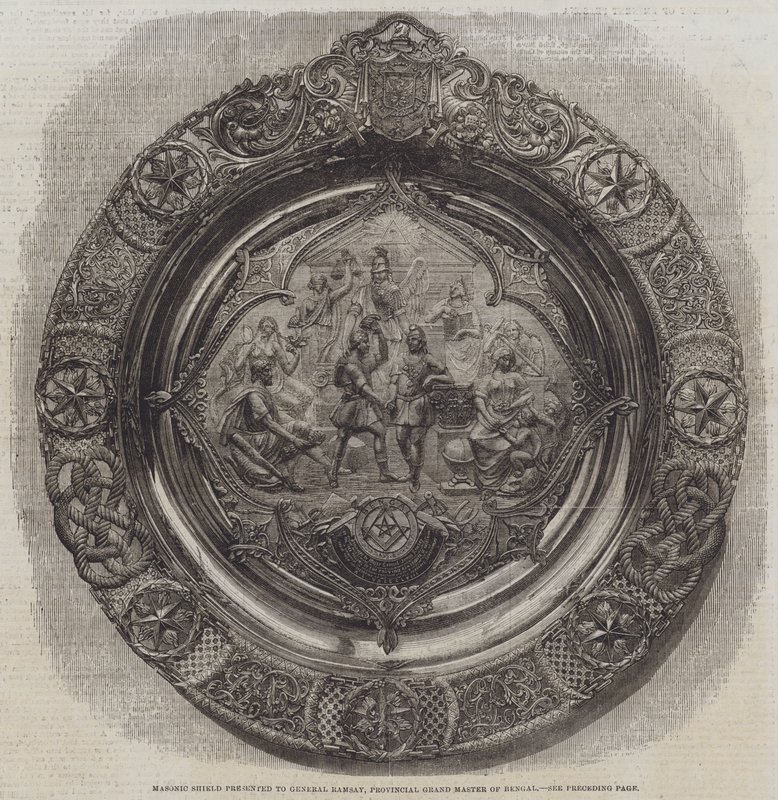 Masonic Shield presenteras för general Ramsay, provinsens stormästare i Bengal (gravyr) av English School