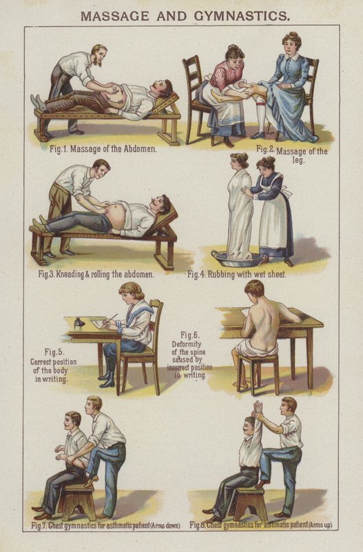 Massage och gymnastik (färg litho) av English School