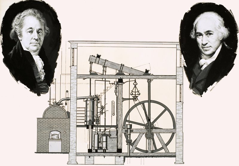 Matthew Boulton och James Watt med en av de patenterade ångmaskinerna av English School
