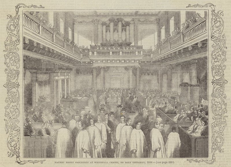 Maundy Money Procession vid Whitehall Chapel, på Stilla torsdagen 1844 av English School