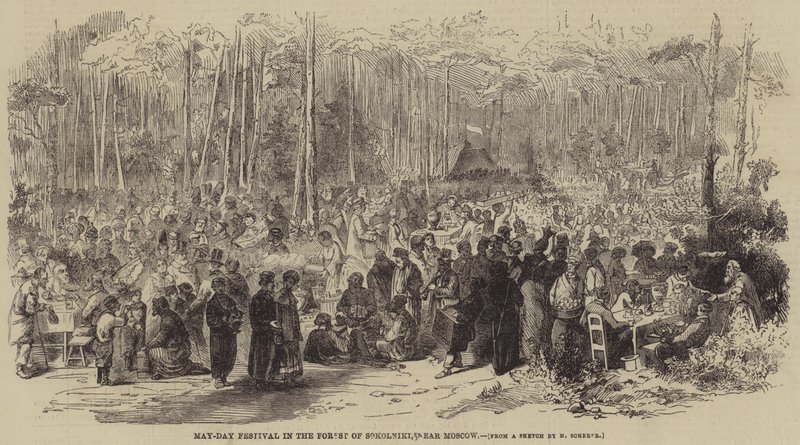 maj-fest i skogen Sokolniki, nära Moskva (gravyr) av English School