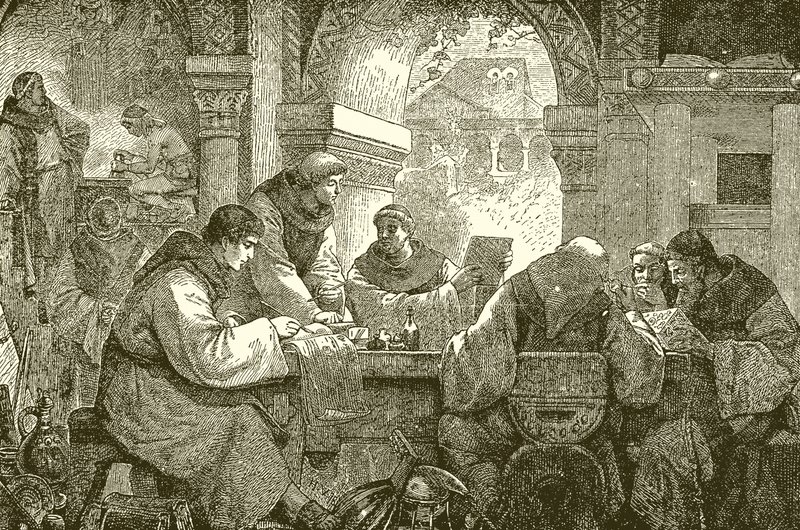 Medeltida kultur - munkar i ett kloster som belyser och transkriberar böcker av English School