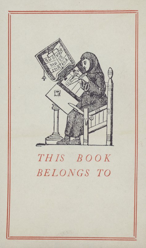 Medeltida skrivare arbetar på ett manuskript, bokägaretikett (färg litho) av English School