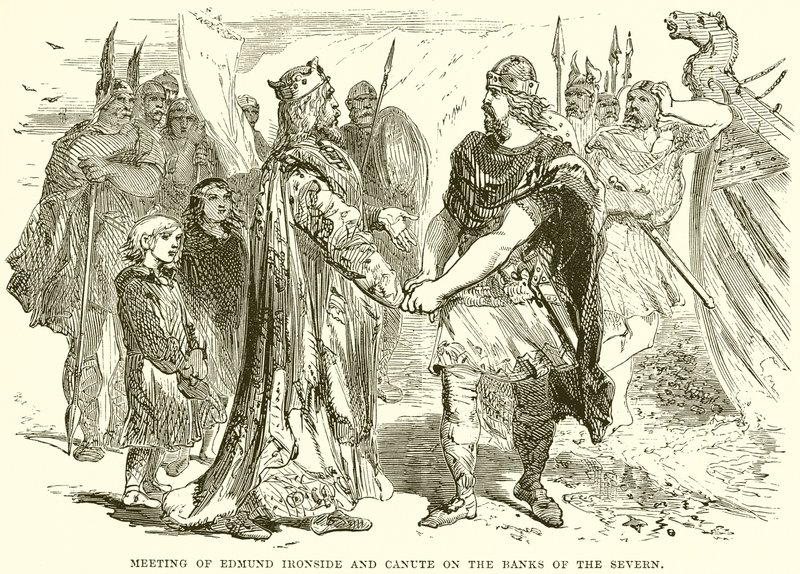 Möte mellan Edmund Ironside och Canute på stranden av Severn av English School