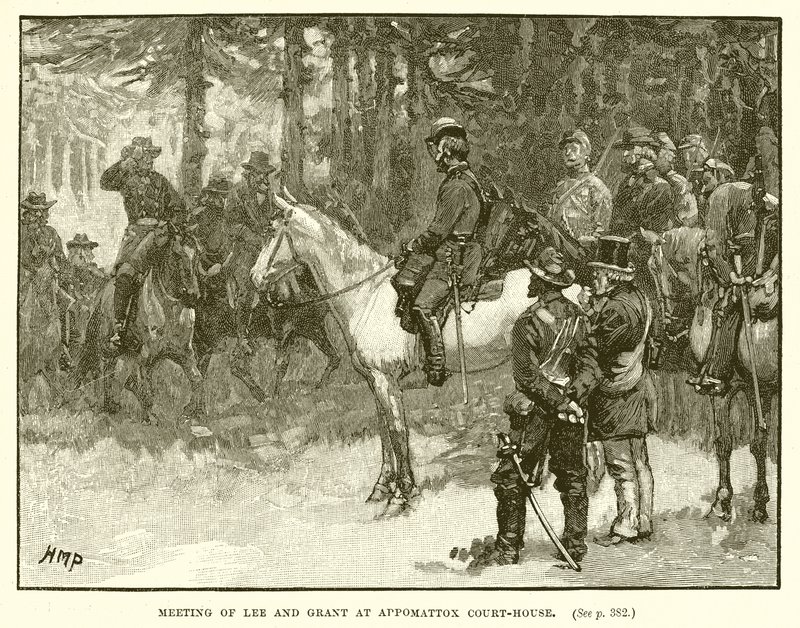 Möte av Lee och Grant på Appomattox Court-House av English School