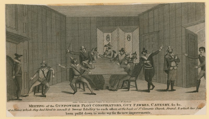 Möte av Gunpowder Plot-konspiratörerna, Guy Fawkes, Catesby, etc av English School