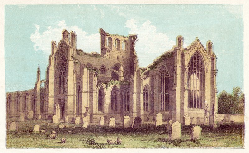 Melrose Abbey (färglitografi) av English School