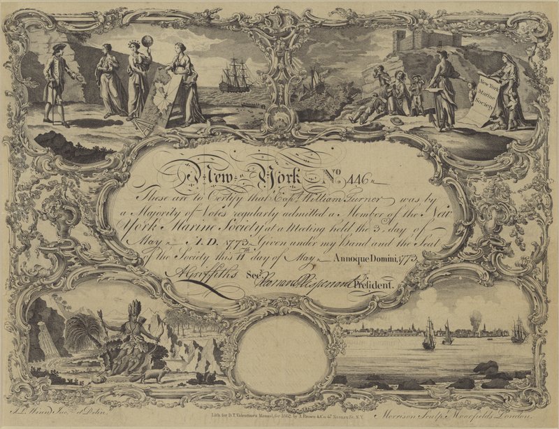 Medlemskapscertifikat för New York Marine Society, 1773 av English School