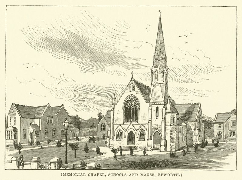 Minneskapell, skolor och prästgård, Epworth (gravyr) av English School