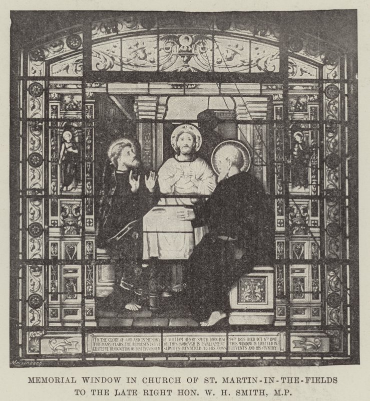 Memorial Window i Church of St Martin-in-the-Fields till den avlidne högern Honorable W H Smith, MP (gravyr) av English School