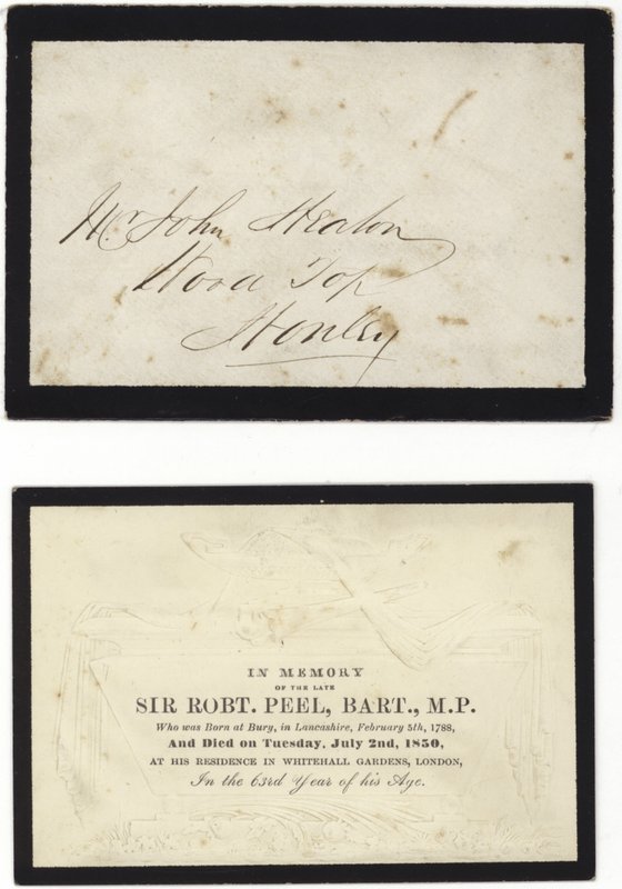 Minneskort till minne av den framlidne Sir Robert Peel av English School