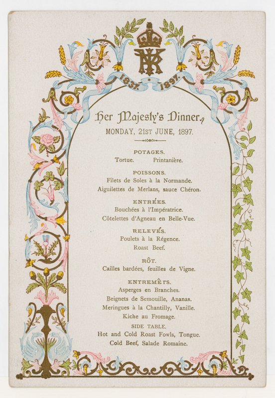 Meny för drottning Victorias middag måndagen den 21 juni 1897, dagen före hennes diamantjubileum av English School