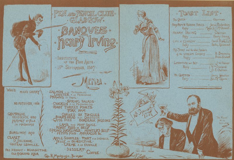 Meny för en bankett till Henry Irvings ära, Pen and Pencil Club, Glasgow, 15 september 1887 av English School