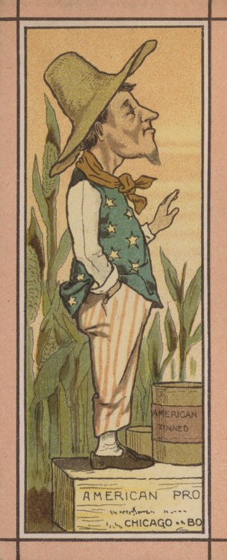 Illustration av meny: Amerikansk konserverad mat (färglitografi) av English School