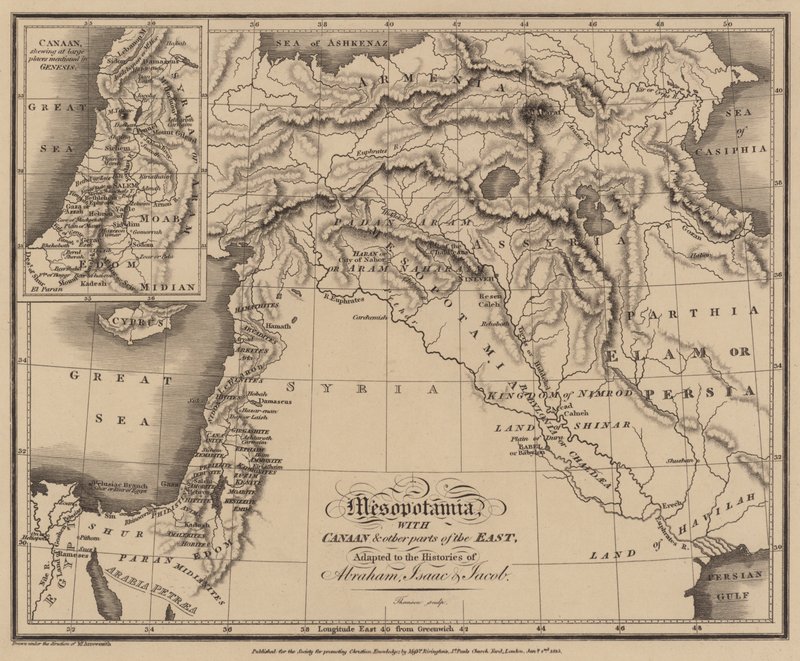 Mesopotamien med Kanaan och andra delar av öst, anpassad till Abrahams, Isaks och Jakobs historia (gravyr) av English School