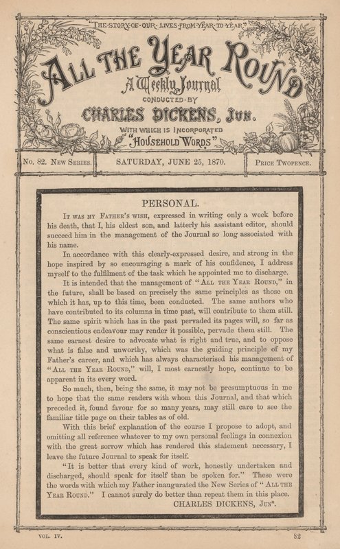 Meddelande från Charles Dickens Junior i veckotidningen All The Year Round, efter faderns död av English School