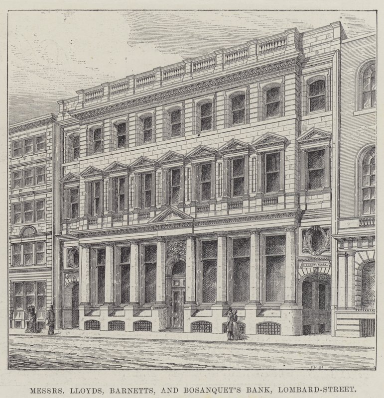 Mrs Lloyds, Barnetts och Bosanquet Bank, Lombard-Street (gravyr) av English School