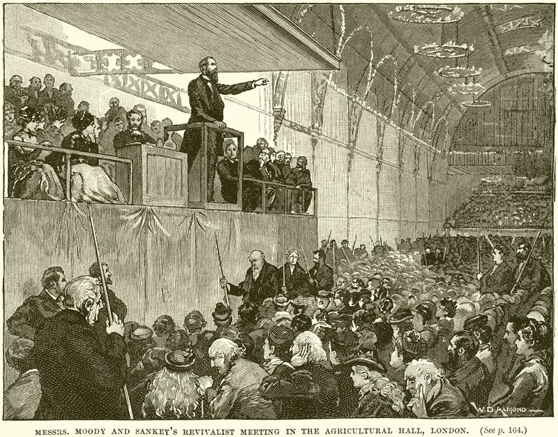 Herrar Moody och Sankeys Revivalist möte i Agricultural Hall, London av English School