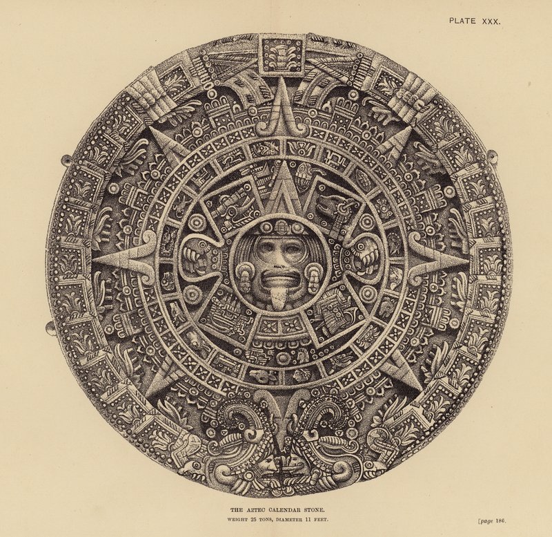 Mexiko: Den aztekiska kalenderstenen (gravyr) av English School