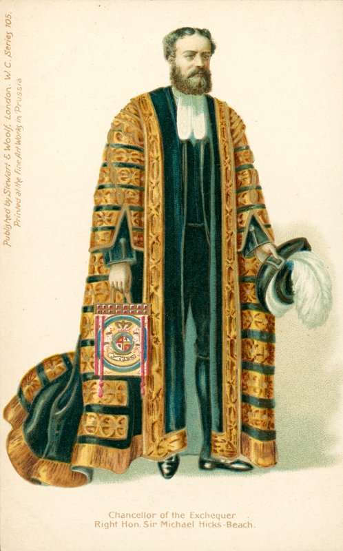 Michael Edward Hicks Beach, finansminister (färglitografi) av English School