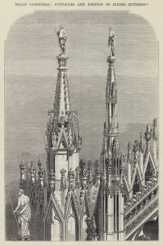 Milanos katedral, höjdpunkter och del av flygande strävpelare (gravyr) av English School