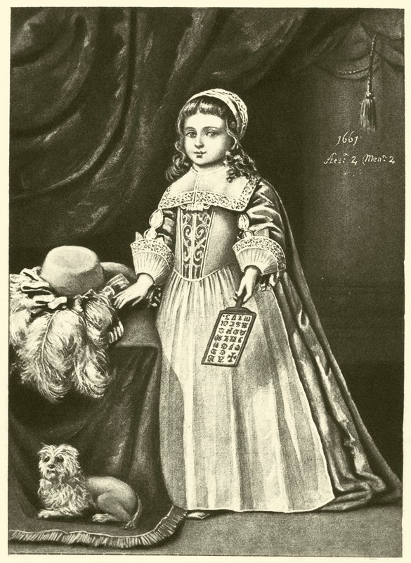 Miss Campion, håller i en hornbok (gravyr) av English School