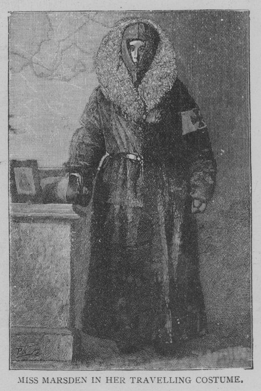 Miss Marsden i sin resande kostym (gravyr) av English School