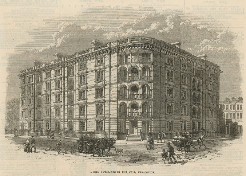 Modellbostad i köpcentret, Kensington, London av English School