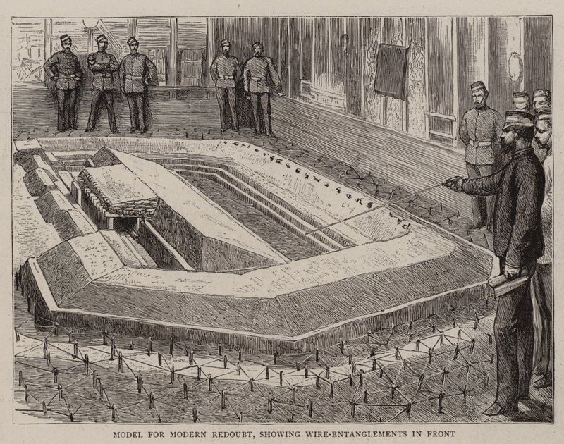 Modell för Modern Redoubt, som visar trådförvecklingar framtill (gravyr) av English School
