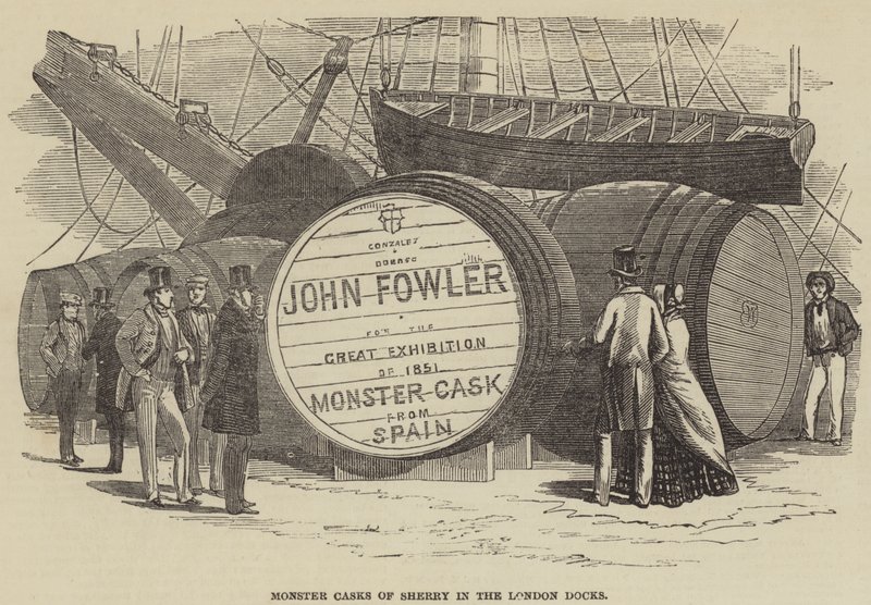 Monsterfat av Sherry i London Docks (gravyr) av English School