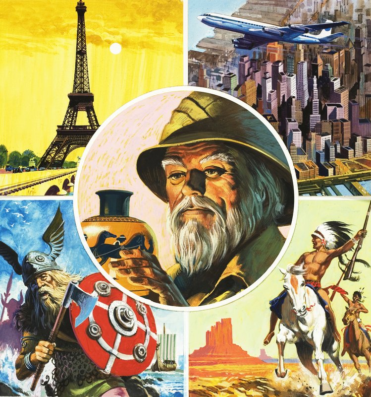 Montage inklusive Eiffeltornet, flygplan, vikingakrigare, indier och arkeolog av English School