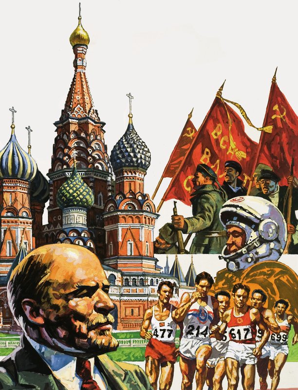 Montage av Ryssland inklusive katedralen St Basil den saligförklarade och porträtt av Lenin av English School