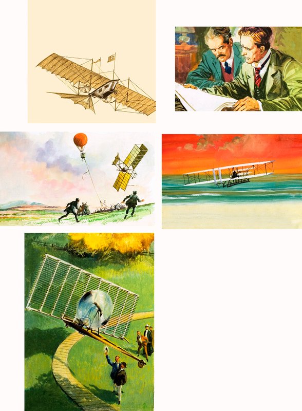Montage av tidigt flyg inklusive bröderna Wright (gouache på papper) av English School