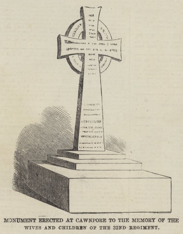 Monument uppfört vid Cawnpore till minnet av fruarna och barnen från 32:a regementet (gravyr) av English School