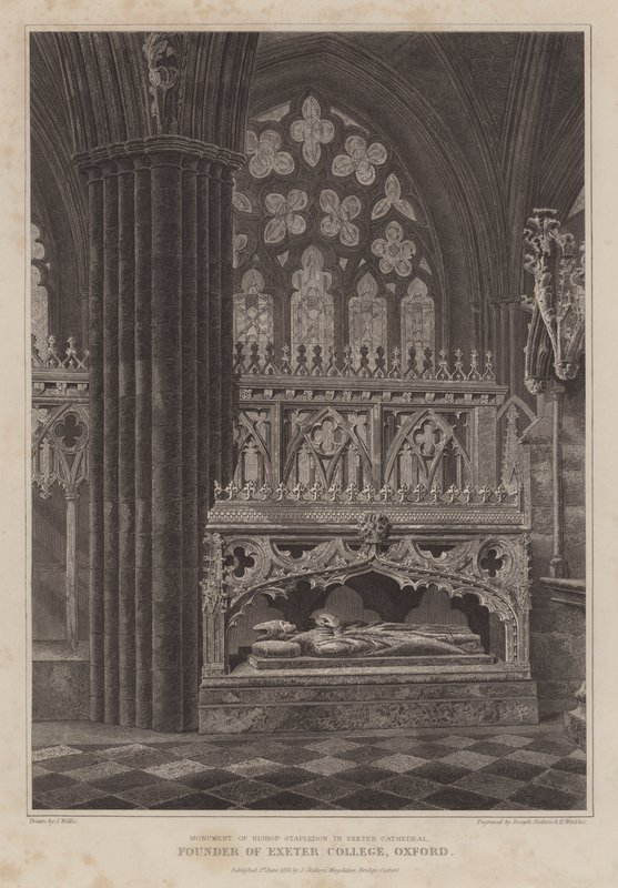 Monument över biskop Stapledon, grundare av Exeter College, Oxford, i Exeter Cathedral (gravyr) av English School