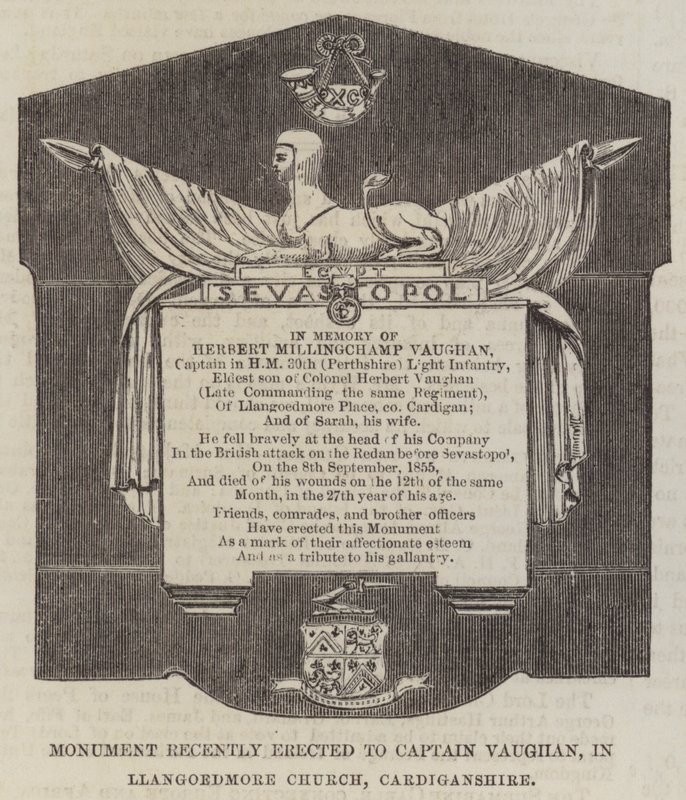 Monument nyligen uppfört till kapten Vaughan, i Llangoedmore Church, Cardiganshire (gravyr) av English School
