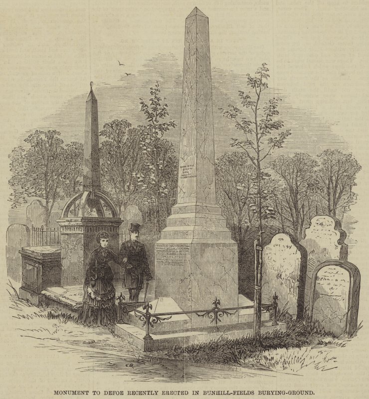 Monument till Defoe nyligen uppfört i Bunhill-Fields Burying-Ground (gravyr) av English School