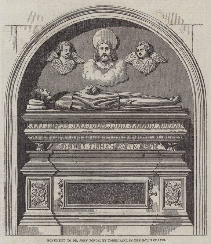 Monument till Dr John Yonge, av Torrigiani, i Rolls Chapel (gravyr) av English School