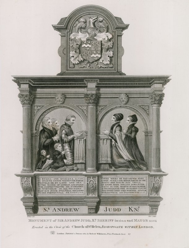 Monument till Sir Andrew Judd, sheriff och borgmästare, i St Helens Bishopsgate, London av English School