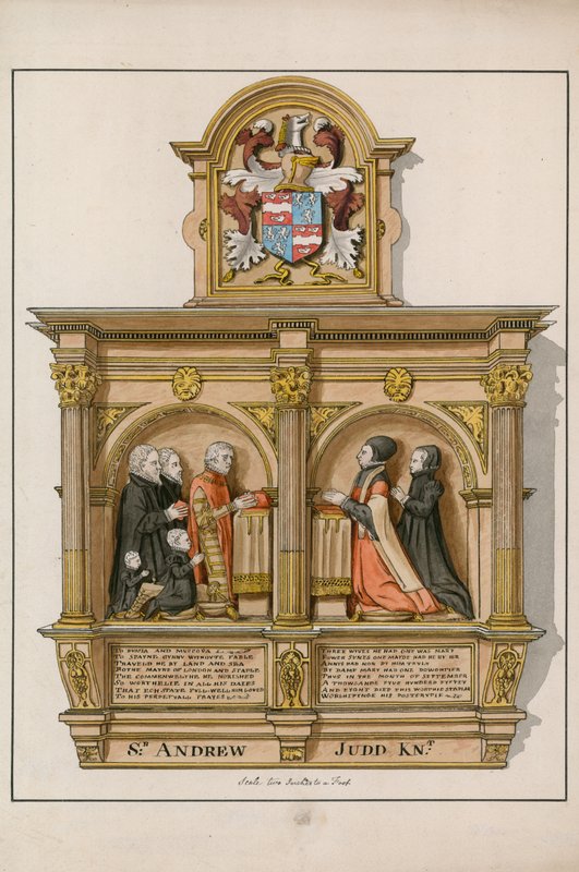 Monument till Sir Andrew Judd, sheriff och borgmästare, i St Helens Bishopsgate, London av English School