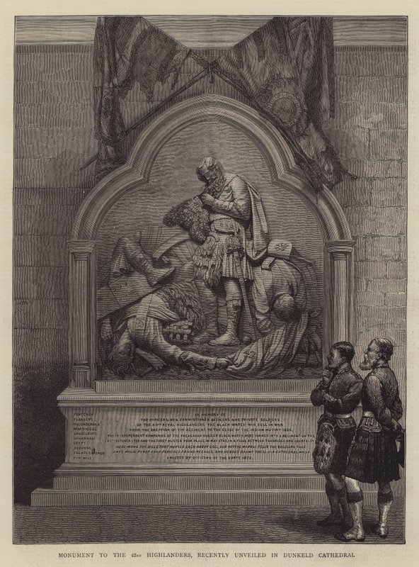 Monument till de 42:a högländarna, nyligen avtäckt i Dunkeld Cathedral (gravyr) av English School